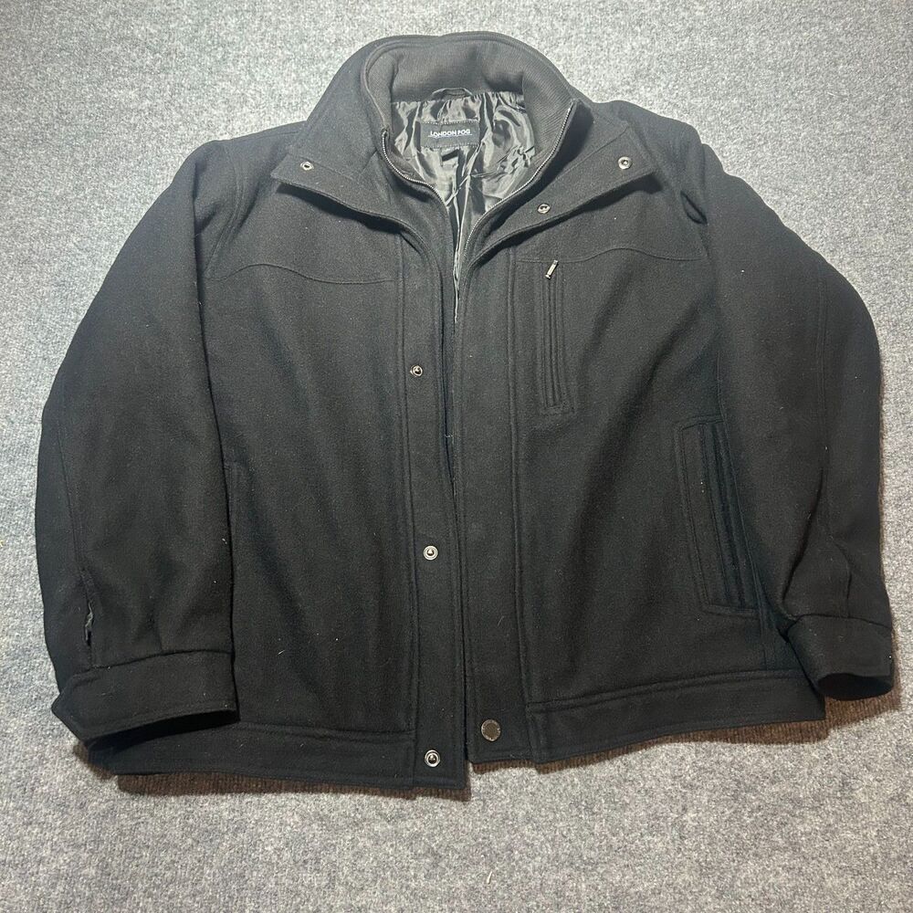 London Fog Mens Zip up Coat Black Wool Zip and Snap Insulated Heavy Winter XL
